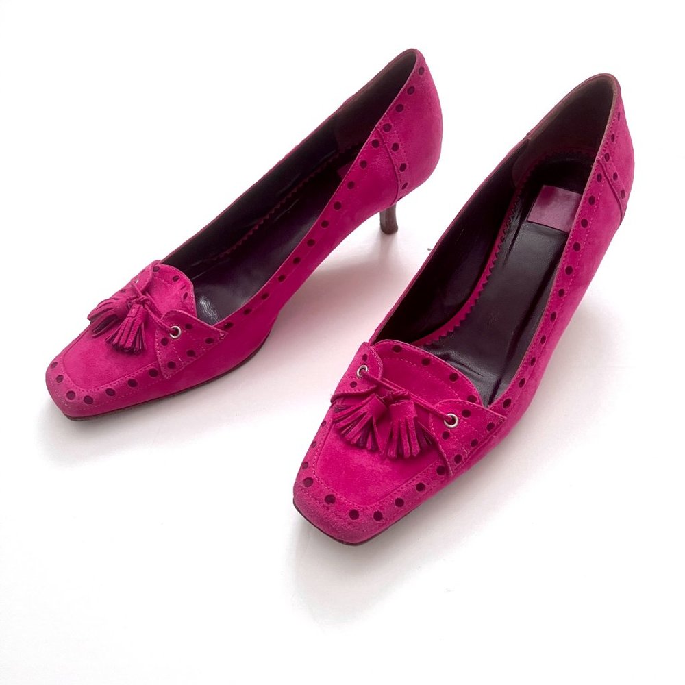 Coach Jude Pink Suede Heels kitten Pumps Tassels Hot Pink Fuchsia, Size 9